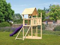 Akubi Spielturm Lotti Satteldach + Schiffsanbau oben + Netzrampe + Rutsche in violett