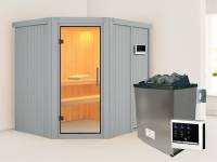 Karibu Sauna Siirin lichtgrau 68 mm- Klarglas Saunatür- 4,5 kW Ofen ext. Strg- ohne Dachkranz