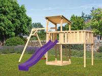 Akubi Spielturm Anna + Rutsche violett + Einzelschaukel + Anbauplattform XL