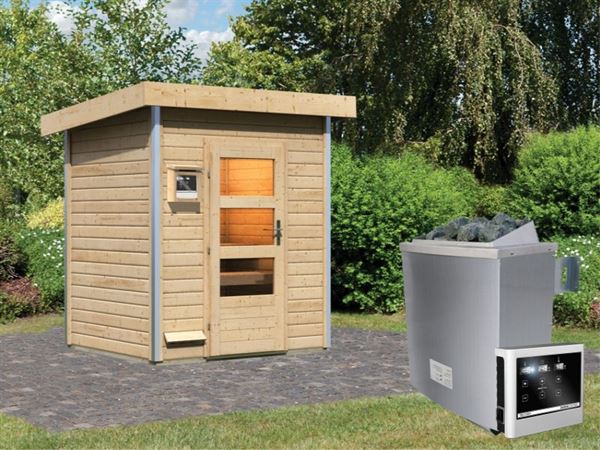 Karibu 38 mm Saunahaus Jorgen - 9 kW Ofen, ext. Steuerung - Moderne Saunatür Karibu 38 mm Saunahaus Jorgen - 9 kW Ofen, ext. Steuerung - Moderne Saunatür