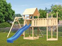 Akubi Spielturm Lotti Satteldach + Schiffsanbau oben + Einzelschaukel + Anbauplattform XL + Netzrampe + Rutsche in blau