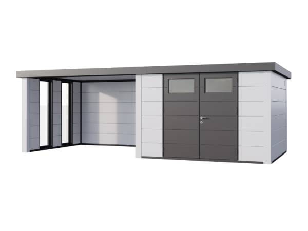 Telluria Metall-Gerätehaus Classico 3330 Komplett Weiß mit Lounge links, inkl. 2 Fenster