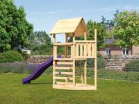 Akubi Spielturm Lotti Satteldach + Schiffsanbau oben + Kletterwand + Rutsche in violett