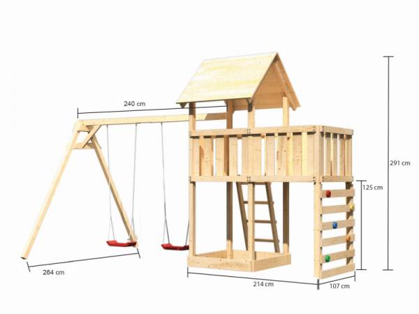 Akubi Spielturm Lotti Satteldach + Doppelschaukel + Anbauplattform + Kletterwand