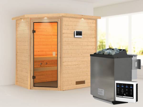 Karibu Sauna Jella inkl. 9 kW Bioofen ext. Steuerung mit klassischer Saunatür -mit Dachkranz-