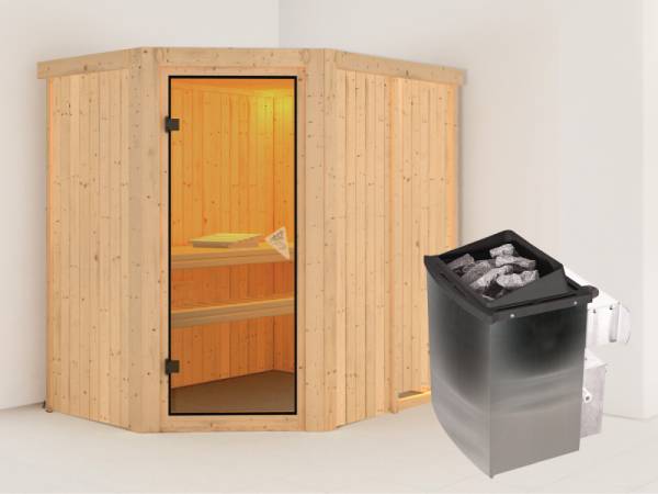 Karibu Sauna Carin- klassische Saunatür- 4,5 kW Ofen integr. Strg- ohne Dachkranz