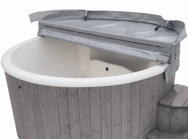 Wolff Finnhaus Badebottich Hot Tub de luxe Hellgrau mit weißem GFK-Einsatz, integriertem Außenofen