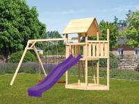 Akubi Spielturm Lotti Satteldach + Schiffsanbau oben + Doppelschaukel + Rutsche in violett
