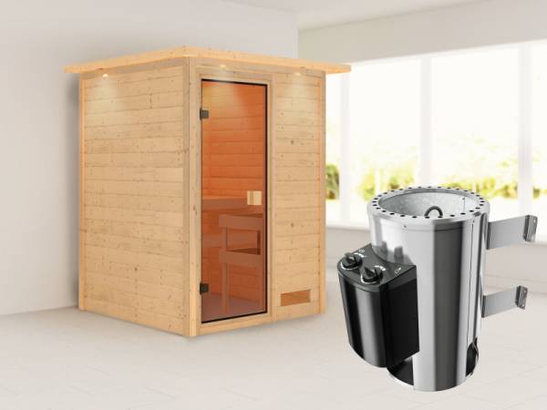 Nadja - Karibu Sauna Plug &amp; Play inkl. 3,6 kW-Ofen - mit Dachkranz -