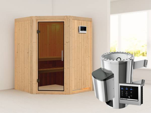 Nanja - Karibu Sauna Plug & Play 3,6 kW Ofen, ext. Steuerung - ohne Dachkranz - moderne Saunatür