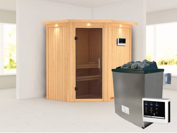 Karibu Sauna Taurin inkl. 9 kW Ofen ext. Steuerung, mit moderner Saunatür - mit Dachkranz -