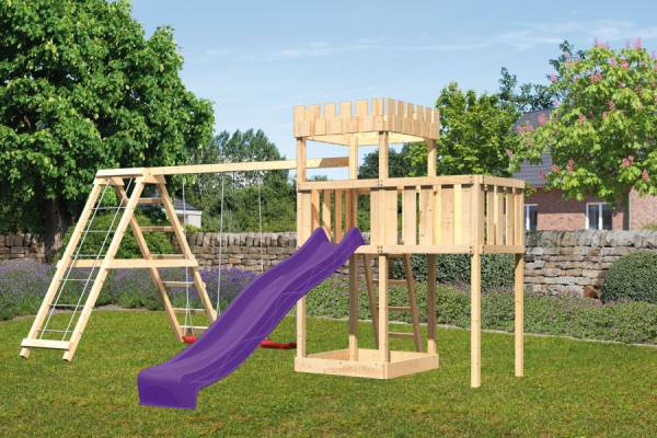 Akubi Ritterburg Löwenherz + Rutsche + Doppelschaukelanbau Klettergerüst + Anbauplattform