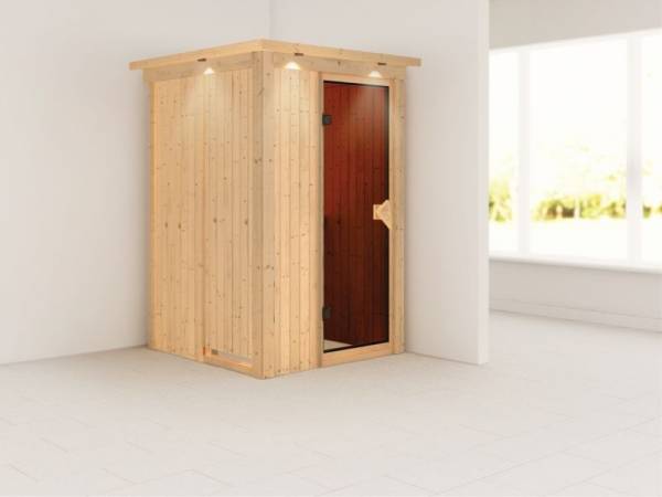 Lenja - Karibu Sauna Plug & Play ohne Ofen - mit Dachkranz - Moderne Saunatür Lenja - Karibu Sauna Plug & Play ohne Ofen - mit Dachkranz - Moderne Saunatür