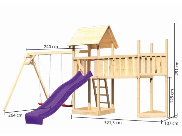 Akubi Spielturm Lotti Satteldach + Schiffsanbau oben + Doppelschaukel + Anbauplattform XL + Rutsche in violett