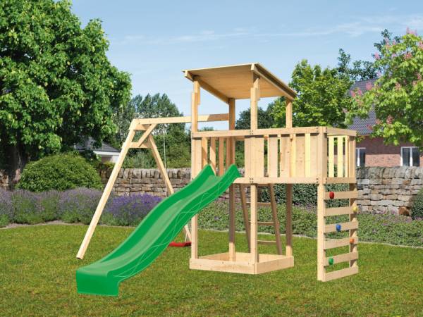 Akubi Spielturm Anna + Rutsche grün + Einzelschaukel + Anbauplattform + Kletterwand