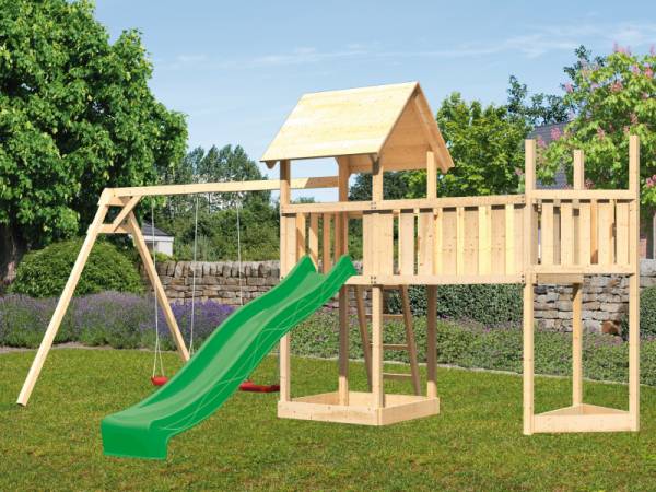Akubi Spielturm Lotti Satteldach + Schiffsanbau oben + Doppelschaukel + Anbauplattform XL + Rutsche in grün