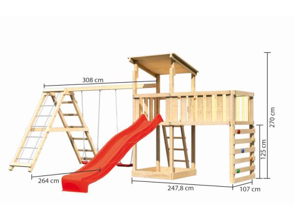 Akubi Spielturm Anna + Rutsche rot + Doppelschaukelanbau Klettergerüst + Anbauplattform XL + Kletterwand