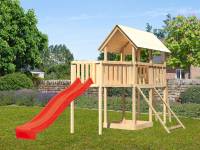 Akubi Spielturm Danny Satteldach + Rutsche rot + Anbauplattform XL + Netzrampe