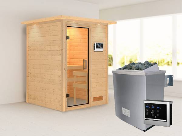 Karibu Woodfeeling Sauna Svenja- Klarglas Saunatür- 4,5 kW Ofen ext. Strg- mit Dachkranz