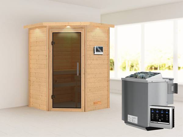 Karibu Woodfeeling Sauna Franka - Moderne Saunatür - 4,5 kW BIO-Ofen ext. Strg. - mit Dachkranz