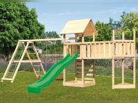 Akubi Spielturm Lotti Satteldach + Schiffsanbau oben + Doppelschaukel mit Klettergerüst + Anbauplattform XL + Kletterwand + Rutsche in grün