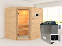 Karibu Sauna Mia inkl. 9 kW Ofen ext. Steuerung, mit Klarglas Ganzglassaunatür -ohne Dachkranz-