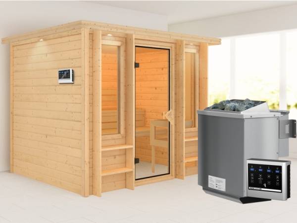 Karibu Sauna Ilona mit Dachkranz 40 mm Premium- mit 9 kW Bioofen Ext. Strg Karibu Sauna Ilona mit Dachkranz 40 mm Premium- mit 9 kW Bioofen Ext. Strg