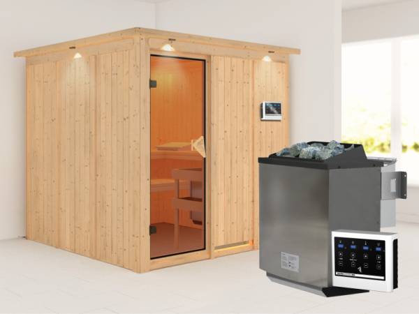 Rodin - Karibu Sauna inkl. 9-kW-Bioofen - mit Dachkranz -