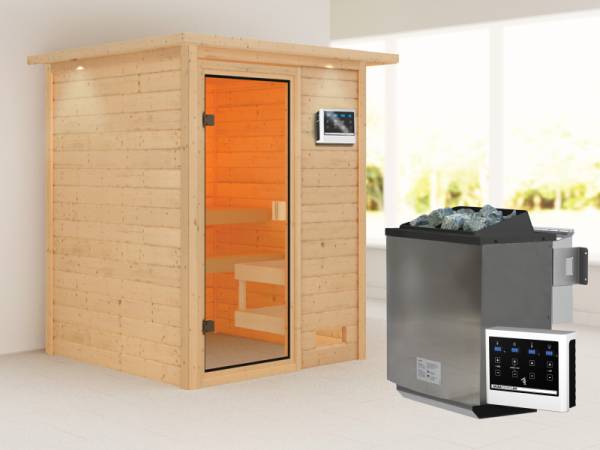 Karibu Sauna Sandra inkl. 9 kW Bioofen ext. Strg mit klassischer Saunatür -mit Dachkranz-