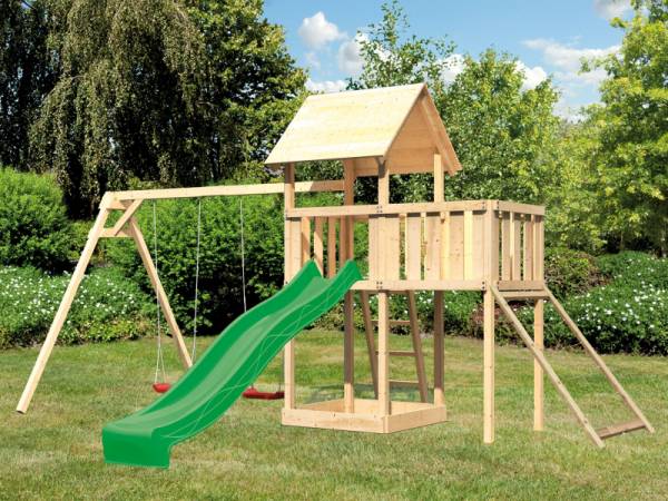 Akubi Spielturm Lotti Satteldach + Rutsche grün + Doppelschaukel + Anbauplattform + Netzrampe Akubi Spielturm Lotti Satteldach + Rutsche grün + Doppelschaukel + Anbauplattform + Netzrampe
