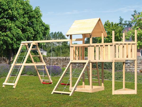Akubi Spielturm Lotti Satteldach + Schiffsanbau oben + Anbauplattform + Doppelschaukel mit Klettergerüst + Netzrampe