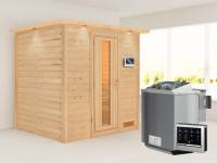 Karibu Sauna Anja - energiesparende Saunatür - 4,5 kW BIO-Ofen ext. Strg. - mit Dachkranz