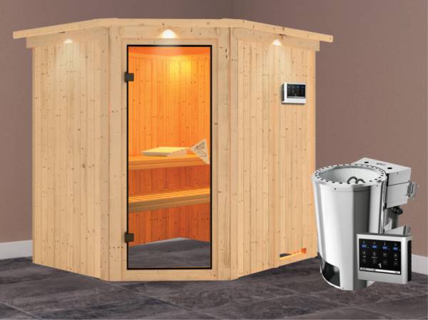 Lilja - Karibu Sauna Plug &amp; Play inkl. 3,6 kW-Bioofen - mit Dachkranz -
