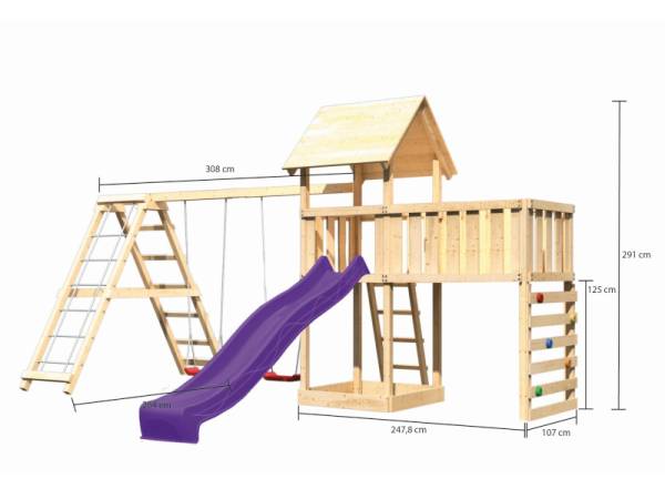 Akubi Spielturm Lotti Satteldach + Rutsche violett + Doppelschaukel Klettergerüst + Anbauplattform XL + Kletterwand
