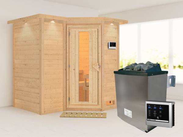 Karibu Sauna Sahib 1 inkl. 9-kW-Ofen mit externer Steuerung, mit Dachkranz, mit energiesparender Saunatür