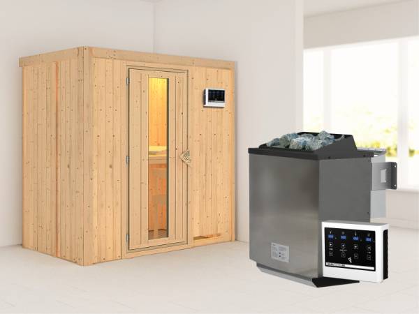 Karibu Sauna Variado- energiesparende Saunatür- 4,5 kW Bioofen ext. Strg- ohne Dachkranz