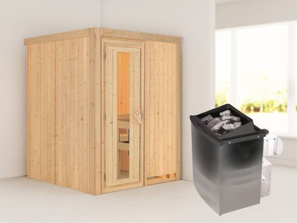 Karibu Sauna Norin- energiesparende Saunatür- 4,5 kW Ofen integr. Strg- ohne Dachkranz