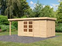 Karibu Woodfeeling Gartenhaus Retola 5 natur mit Anbauschrank und 1,50 Meter Anbaudach