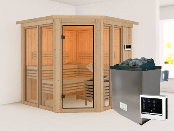 Karibu Sauna Airi, inkl. 9 kW Ofen ext. Steuerung - mit Dachkranz -