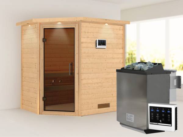 Karibu Sauna Svea inkl. 9 kW Bioofen ext. Steuerung mit moderner Saunatür -mit Dachkranz-