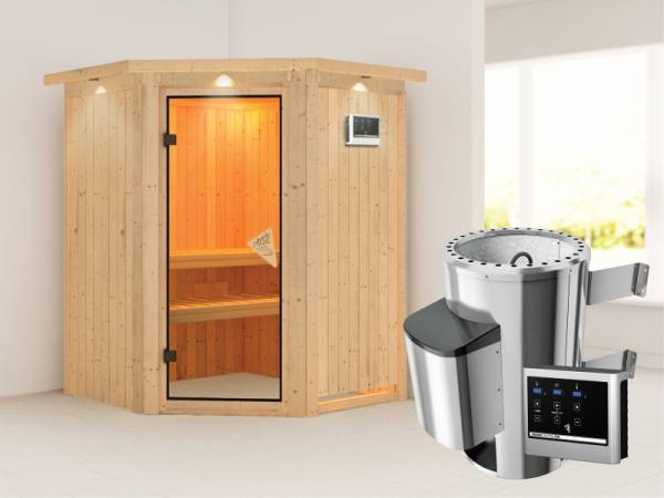 Nanja - Karibu Sauna Plug & Play inkl. 3,6 kW-Ofen - mit Dachkranz -