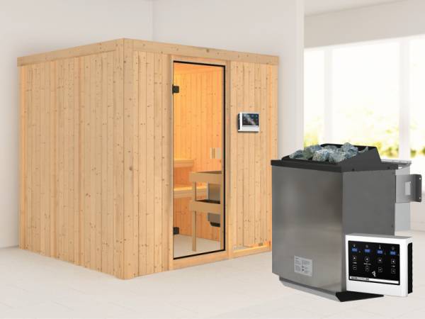 Karibu Woodfeeling Sauna Tromsö -klassische Saunatür - 4,5 kW Bioofen ext. Strg