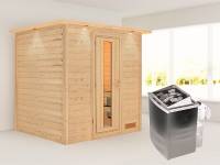Karibu Sauna Anja - energiesparende Saunatür - 4,5 kW Ofen integr. Strg. - mit Dachkranz
