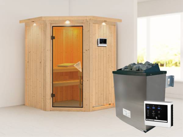 Karibu Sauna Larin- klassische Saunatür- 4,5 kW Ofen ext. Strg- mit Dachkranz