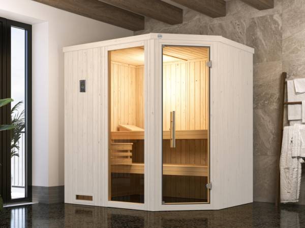 Weka Elementsauna Varberg 1,weiß, inkl. 4,5 kW Bioofen (BioS) mit digitaler Steuerung, Ganzglastür und Fenster