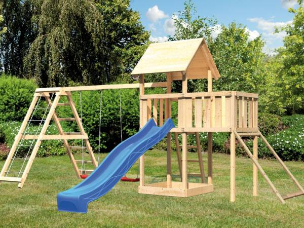 Akubi Spielturm Lotti Satteldach + Rutsche blau + Doppelschaukelanbau Klettergerüst + Anbauplattform + Netzrampe Akubi Spielturm Lotti Satteldach + Rutsche blau + Doppelschaukelanbau Klettergerüst + Anbauplattform + Netzrampe