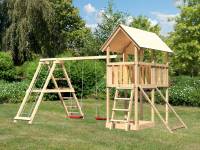 Akubi Spielturm Danny Satteldach + Doppelschaukelanbau Klettergerüst + Netzrampe