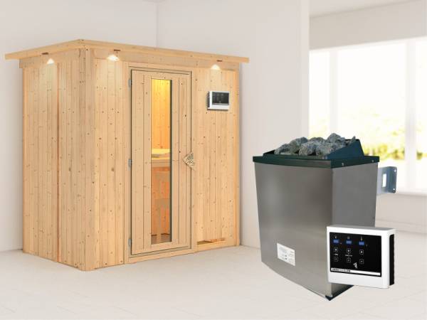 Karibu Sauna Variado- energiesparende Saunatür- 4,5 kW Ofen ext. Strg- mit Dachkranz
