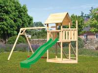Akubi Spielturm Lotti Satteldach + Schiffsanbau oben + Doppelschaukel + Netzrampe + Rutsche in grün