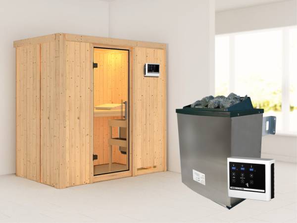 Karibu Sauna Variado- Klarglas Saunatür- 4,5 kW Ofen ext. Strg- ohne Dachkranz